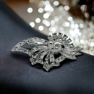 80s Silver-Colored Plastic Fashion Brooch, Good Condition, 2.75" x 1.25"